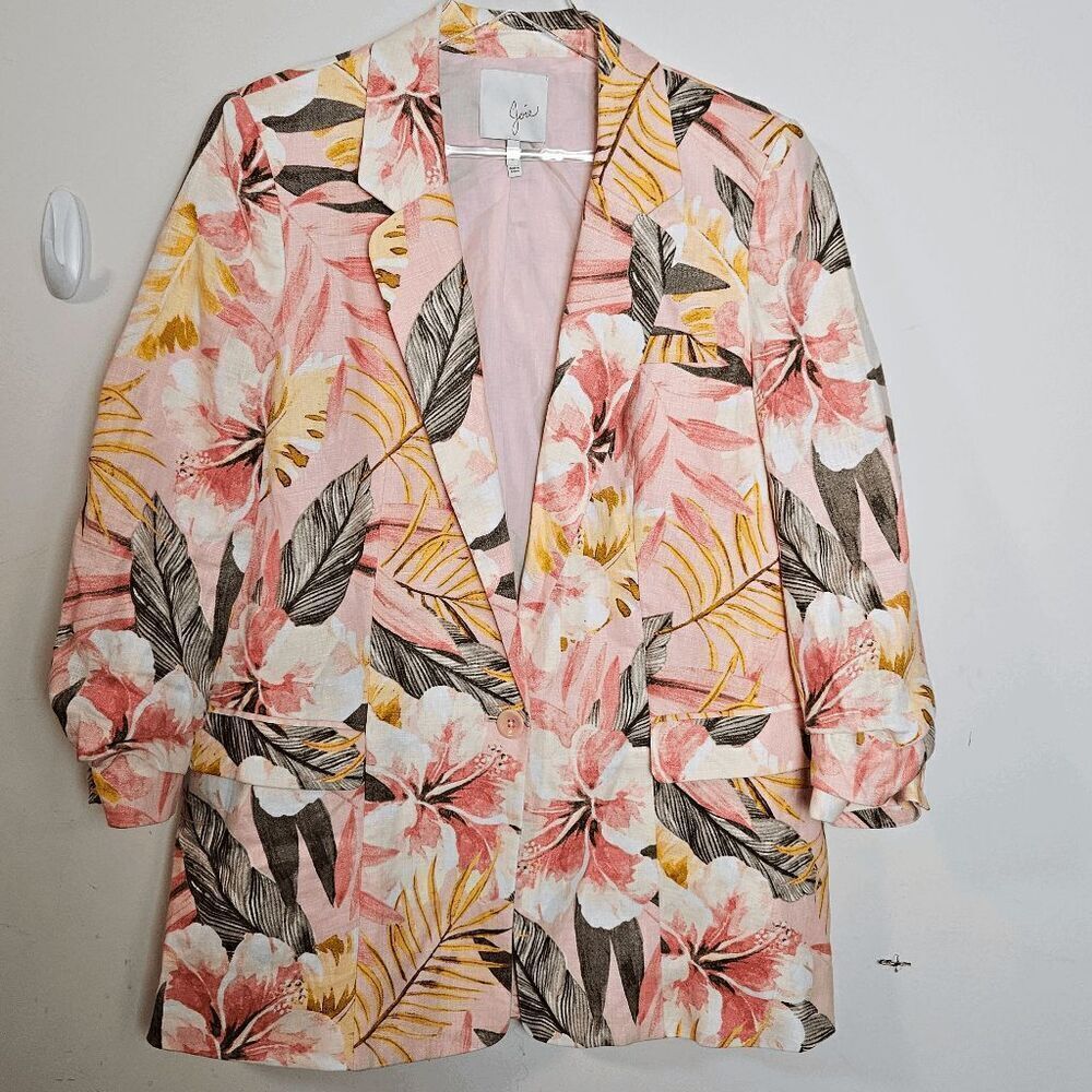 Joie Floral Print Resort Wear Linen Blazer Kishina Jacket Women's Dusty Nude Siz